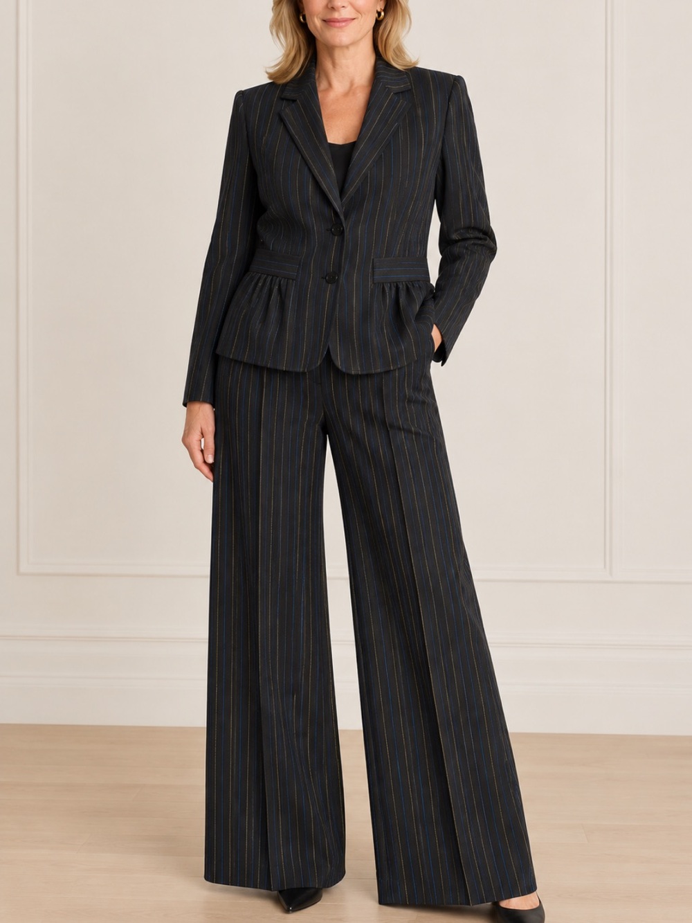 Nine West Women's Suit Pants & Blazer in Black with Blue and Gold Pinstripes